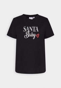 Musta puuvillapaita, jossa on teksti "SANTA" hopealla ja "Baby" valkoisella punaisella sydänkorostuksella, klassinen pyöreä pääntie, lyhyet hihat.