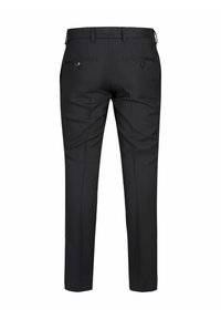 Pantalon formel noir avec passants de ceinture, deux poches arrière à boutons, et une coupe slim, vu de dos.