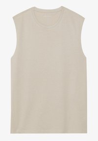 Beige sleeveless top made of soft cotton blend fabric, featuring a round neckline and stitched hem. Smooth, plain texture with no patterns.