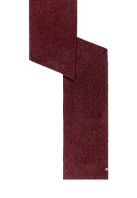 Burgunderfarbener Filzschal mit strukturiertem Finish und Zickzackdesign. Er hat eine rechteckige Form und ein kleines Markenetikett an einem Ende.