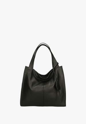 Sac fourre-tout en cuir noir avec une texture douce, doté d'un design décontracté et de deux poignées solides. Comprend un détail de tag amovible.
