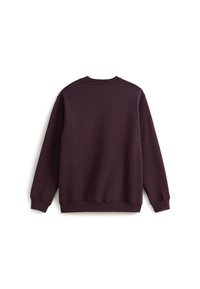 Felpa maroon con maniche lunghe, colletto a girocollo e polsini a coste. Texture liscia con un design semplice e uniforme. Nessun marchio o motivo visibile.