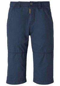 Shorts bleu marine jusqu'aux genoux en tissu léger, dotés de deux poches avant, d'une poche arrière et d'une fermeture à bouton.