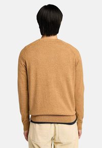 Maglione a maglia beige con scollatura a girocollo, maniche lunghe e orlo a coste. Tessuto testurizzato con un motivo sottile, mostrato da dietro.