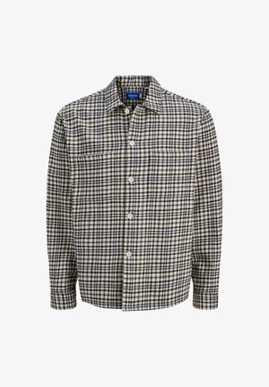 Karierte Hemd in Creme, Marine und Schwarz. Verfügt über einen Umlegekragen, Knopfverschluss, zwei Fronttaschen und lange Ärmel mit Bündchen.