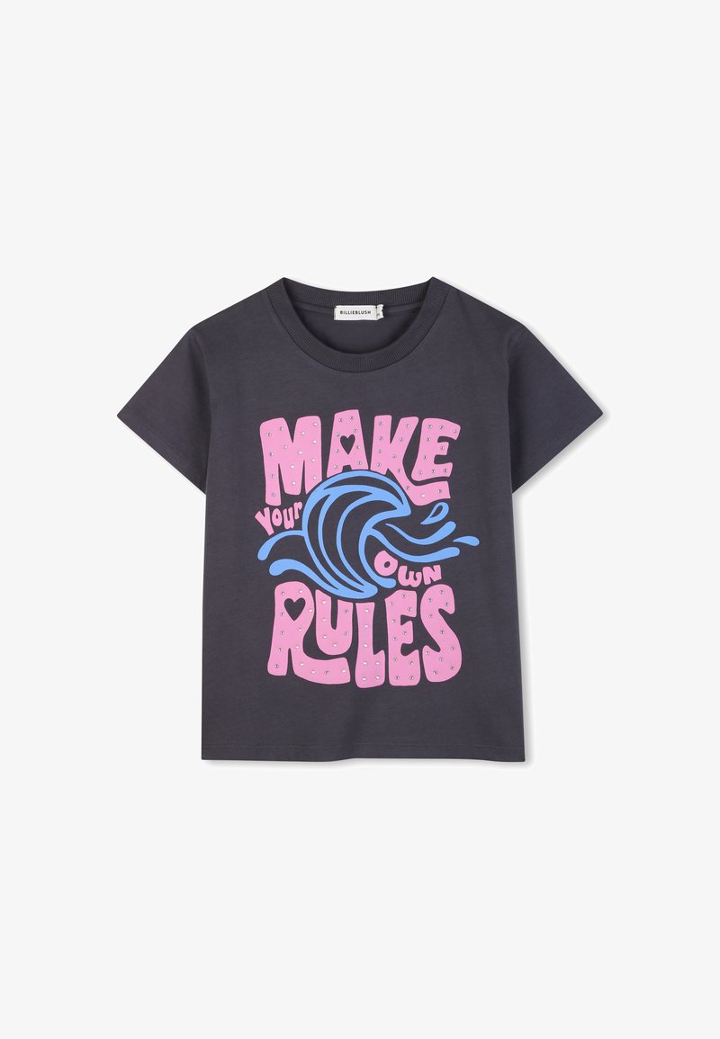 Grijs katoenen T-shirt met korte mouwen, met roze en blauwe grafische tekst "MAKE your OWN RULES" en golfpatroon.