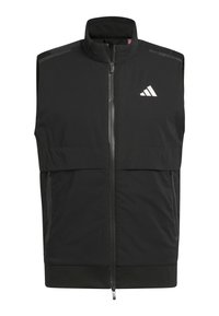 Crna prsluk bez rukava sa patentnim zatvaračem i stajaćim ovratnikom, dva džepa sa patentnim zatvaračem i bijelim Adidas logotipom na lijevoj strani prsnog koša.