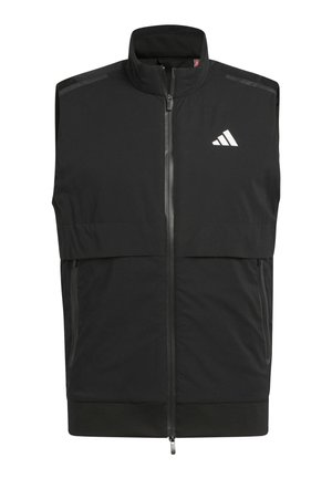 Černá bezrukávová vesta na zip s vysokým límcem, dvě zipové kapsy a bílé logo Adidas na levé hrudi.