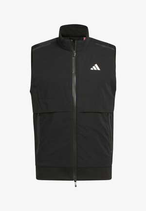Chaleco negro sin mangas con cierre, cuello alto, dos bolsillos con cremallera y logo blanco de Adidas en el lado izquierdo del pecho.