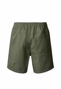 Shorts décontractés vert olive avec ceinture élastique et une poche plaquée unique à l'arrière, vus de dos.