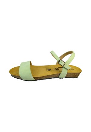 Light green flat sandal with a cork footbed, single toe strap, and an adjustable ankle strap with a metal buckle.