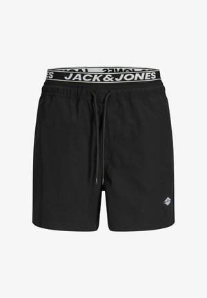 Schwarze Herren-Badeshorts mit elastischem Bund und Kordelzug, mit weißem "JACK & JONES"-Logoschriftzug und kleinem Logo-Patch am Bein.