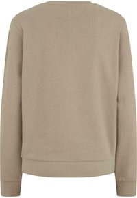 Beige mikina s jemnou texturou, kulatým výstřihem a žebrovanými manžetami a lemem. Jednoduchý design přes hlavu bez viditelných log a vzorů.