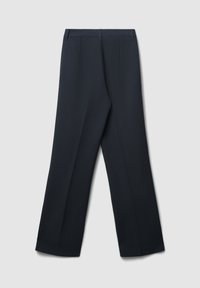 Hosen mit weitem Bein aus dunkelblauem Stoff, mit glatter Textur, taillierter Passform und vorderen Bügelfalten für ein strukturiertes Erscheinungsbild.