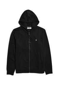 Zwarte zip-up hoodie van zacht, glad stof. Voorzien van een kangoeroezak, capuchon met trekkoord en een klein logo op de borst.
