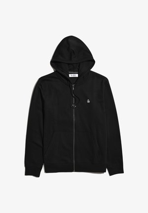 Zwarte zip-up hoodie van zacht, glad stof. Voorzien van een kangoeroezak, capuchon met trekkoord en een klein logo op de borst.