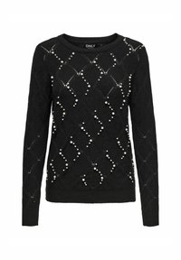 Czarny dzianinowy sweter z wzorem w romby, z perłowymi akcentami i okrągłym dekoltem. Żebrowane mankiety i dół podkreślają design.