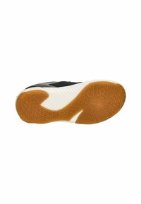 Black athletic shoe sole with a white midsole and gum rubber outsole. Features textured patterns for grip and stability.