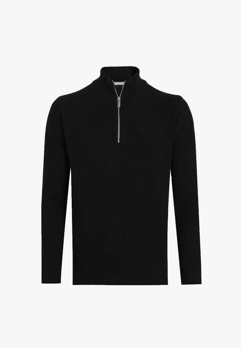 Pull en maille noir texturé avec manches longues et col à demi-fermeture éclair, présenté sur fond blanc.