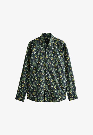 Lange mouwen shirt met een donkerblauwe bloemenprint met gele vruchten en witte bloemen, gemaakt van glad, lichtgewicht stof.
