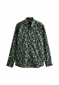 Een bloemenoverhemd van donkerblauwe stof met een patroon van groene bladeren, gele citrusvruchten en witte bloemen; voorzien van een klassiek kraag en een knoopsluiting.