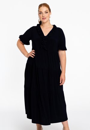 Robe midi noire à volants avec des manches courtes à volants et un décolleté en V, ornée de détails en volants, fabriquée dans un tissu doux et lisse.
