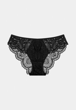 Black lace panties featuring intricate floral patterns, scalloped edges, and a smooth waistband, showcasing fine detailing and transparency.