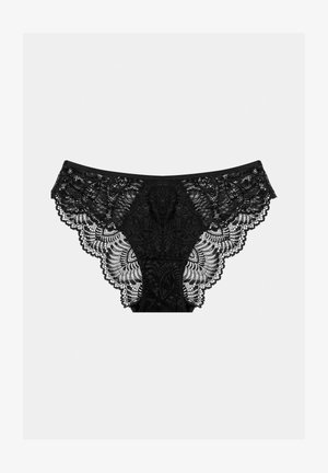 Black lace panties featuring intricate floral patterns, scalloped edges, and a smooth waistband, showcasing fine detailing and transparency.