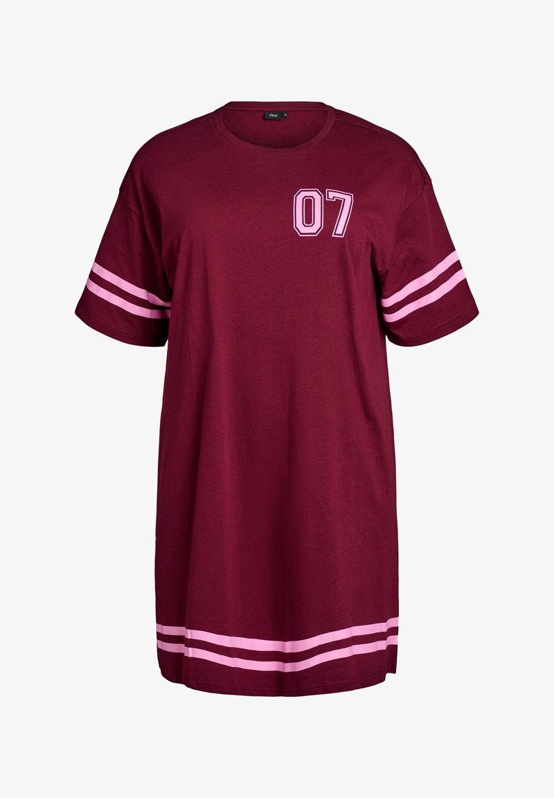 Maroon cotton t-shirt dress with short sleeves, featuring pink stripes on the sleeves and a white "07" printed on the front.