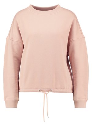 Sweatshirt de culoare roz deschis, cu guler rotund cu nervuri, mâneci lungi și talie cu șnur. Fabricat dintr-un material texturat, cu un croi supradimensionat.