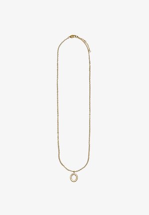 Złoty naszyjnik z łańcuszka z owalnym medalionem, w którym znajduje się mały, przezroczysty kamień szlachetny. Łańcuszek ma delikatny wzór ogniw i zapięcie na kraba.