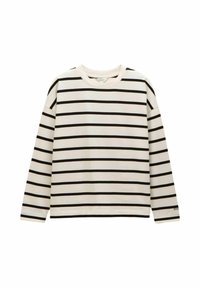 Langärmliges cremefarbenes Hemd mit schwarzen horizontalen Streifen und Rundhalsausschnitt, flach auf einem weißen Hintergrund ausgelegt.