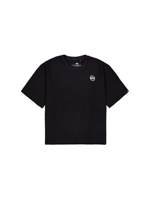 Sort kortærmet struktureret T-shirt med rund hals og lille hvid cirkulært logo på venstre bryst.