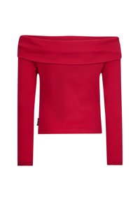Top rosso a coste, con spalle scoperte e maniche lunghe, caratterizzato da un ampio scollo e una silhouette aderente. Etichetta regolabile in basso a sinistra.