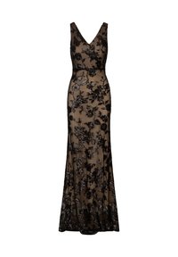 Schwarzes Spitzen-Abendkleid mit Blumenmuster, V-Ausschnitt, tailliertem Oberteil und fließendem Rock. Mit aufwendiger Stickerei und transparentem Überzug.