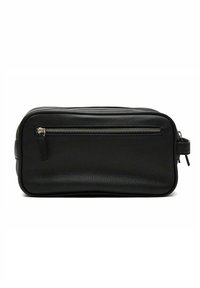 Zwart leren etui met een textuurafwerking, voorzien van een ritssluiting aan de bovenkant en een ritsvak aan de voorkant. Compacte, rechthoekige vorm met ronde hoeken.