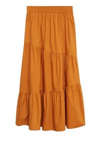 Gonna arancione a balze realizzata in tessuto leggero, con vita elastica, dettagli arricciati e silhouette fluida.