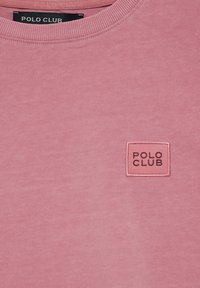 Felpa rosa con scollatura rotonda, realizzata in tessuto morbido. Caratterizzata da un logo "Polo Club" quadrato ricamato in una tonalità di rosa più scura.