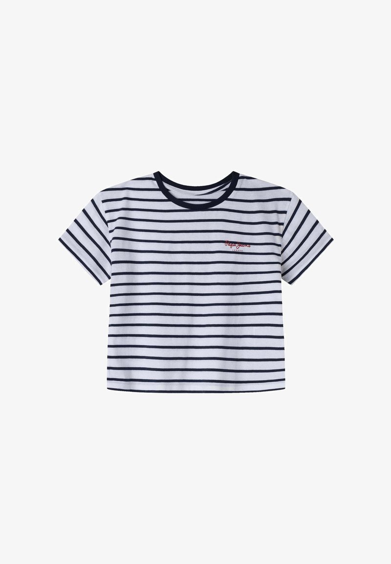 Baltā īsām piedurknēm cropped tops ar tumši zilām horizontālām svītrām, ar noapaļotu kakla izgriezumu un mazu sarkanu izšūtu logotipu uz krūtīm.