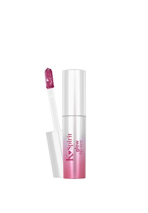 Tube of K Spirit Glow lip tint with pink shade applicator wand lifted out beside it on white background.