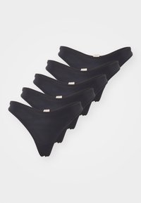 Black bikini briefs made from smooth fabric, featuring a low-rise design and a soft elastic waistband. Pack of five, uniform appearance.