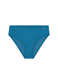 Tyrkysové bikiny s hladkou texturou, středně vysokým pasem a jemnými švy. Součástí je značka s logem.