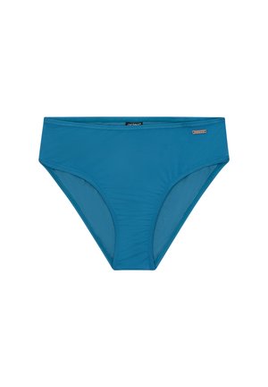 Turkises bikiniunderbukser med en glat tekstur, der har en mellemhøj talje og diskrete sømdetaljer. Brandlogo-tag inkluderet.