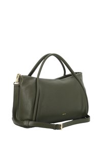 Olive green leather handbag with dual handles, removable shoulder strap, smooth texture, and gold-toned hardware accents.