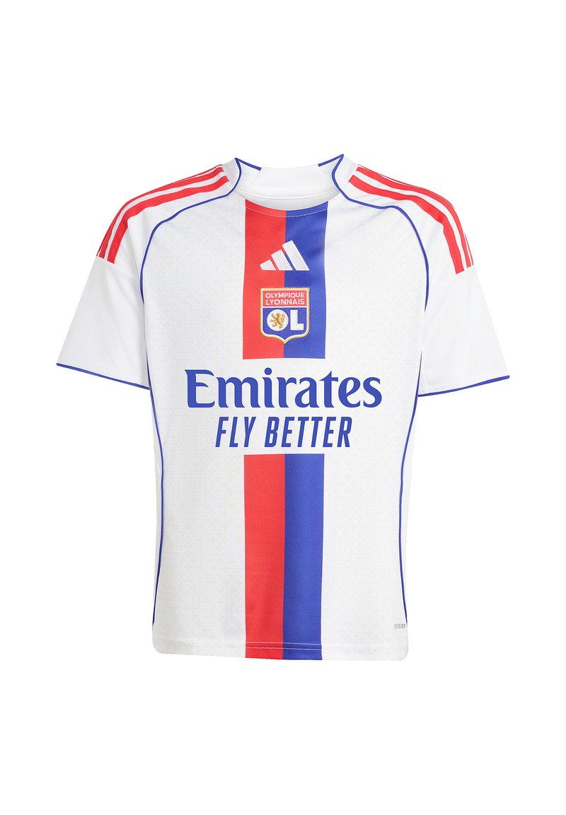 Camiseta de fútbol blanca con rayas rojas y azules, texto "Emirates Fly Better" y el logo del Olympique Lyonnais. Mangas cortas, tejido de malla.