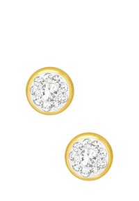 Orecchini tonde in tonalità oro con un cluster di cristalli trasparenti di varie dimensioni, creando un design a strati scintillante.