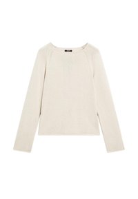 Maglione lungo beige chiaro a maniche lunghe con scollatura rotonda e texture a coste. Ha maniche raglan e un orlo dritto. Design semplice.