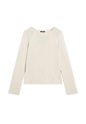 Pull long à manches longues beige clair avec un col rond et une texture côtelée. Présente des manches raglan et un ourlet droit. Design simple.
