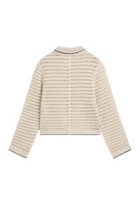 Langærmet, cremefarvet hæklet sweater med sort kant ved krave, manchetter og kant, vist bagfra på hvid baggrund.