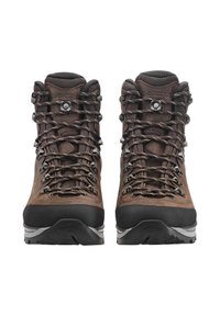 Braune Wanderschuhe mit robustem Obermaterial aus Leder und Textil, Metalleyelets und einer strapazierfähigen Gummisohle. Verfügen über verbesserten Knöchelstütze und strukturierte Schnürsenkel.